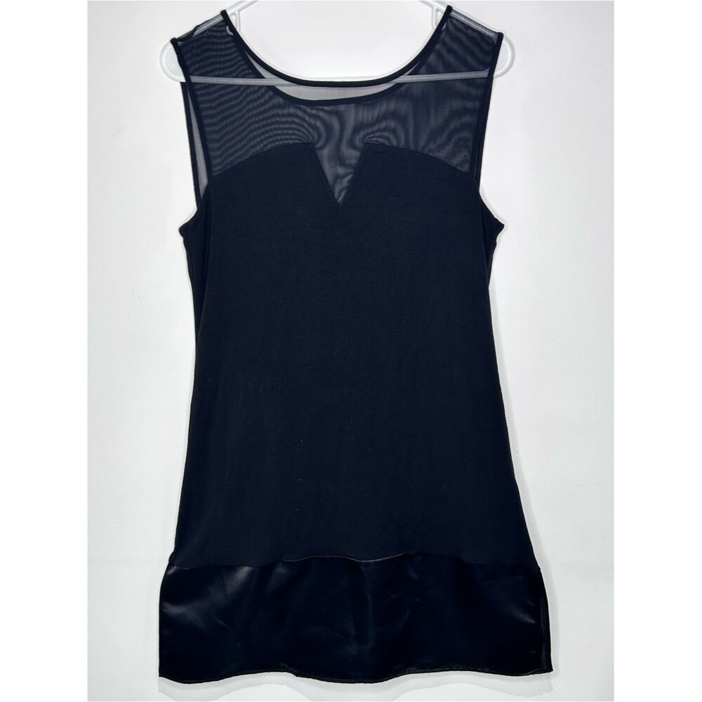 Bailey 44 XL Black Mesh Illusion Sleeveless Tunic Top Satin Hem Made in USA
